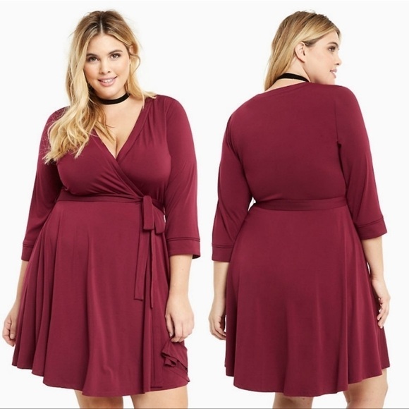 Torrid Burgundy Long Sleeve Faux Wrap Dress Size 1x - Picture 1 of 8
